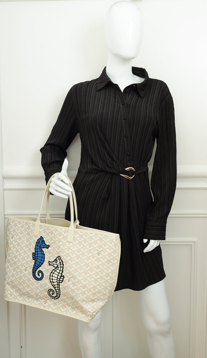 Goyardine Sand Ltd. Ed. Reversible Embroidered Seahorse Anjou PM Bag