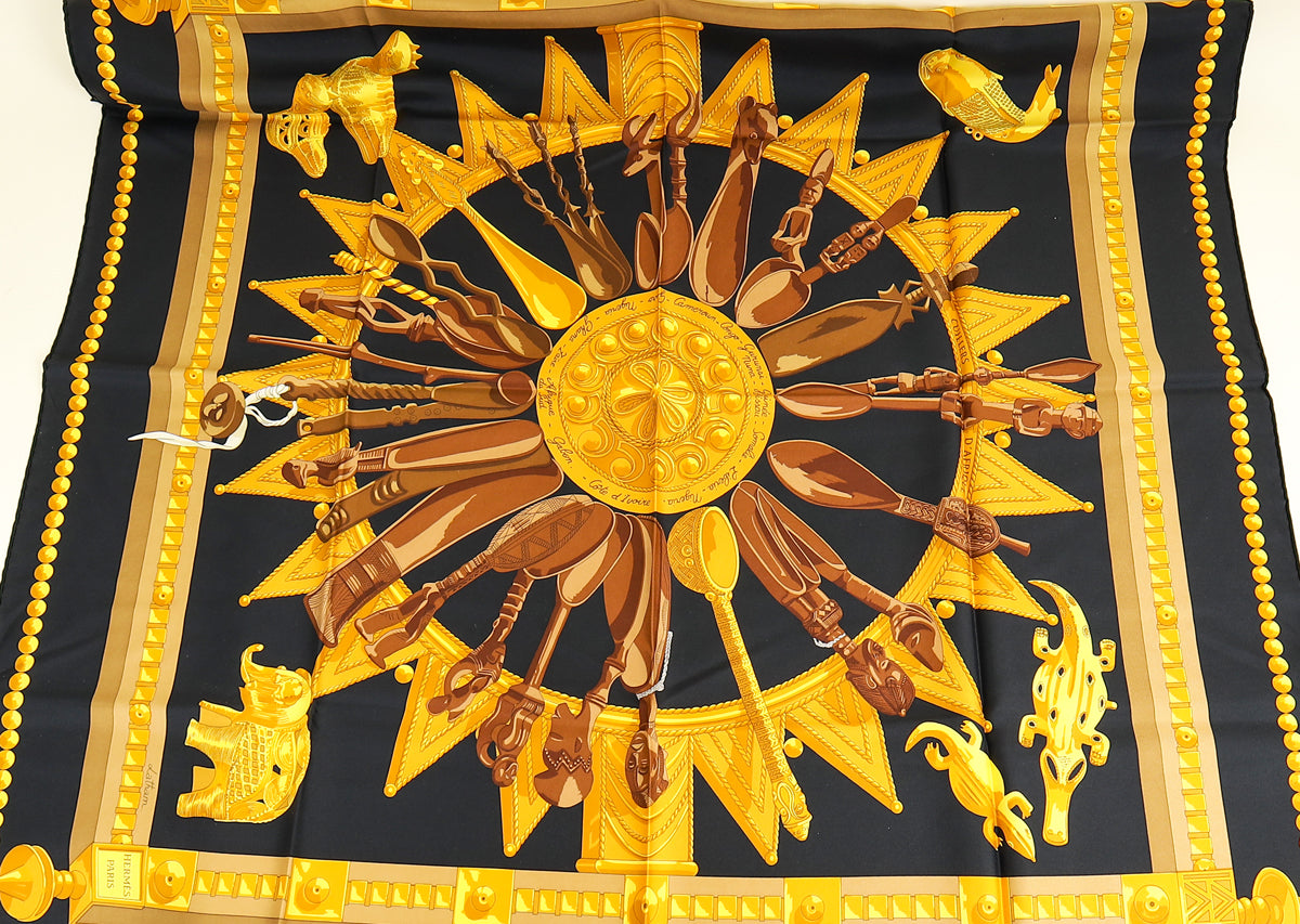 Hermes Noir Multicolor Cuillers D'afrique Silk Scarf 90